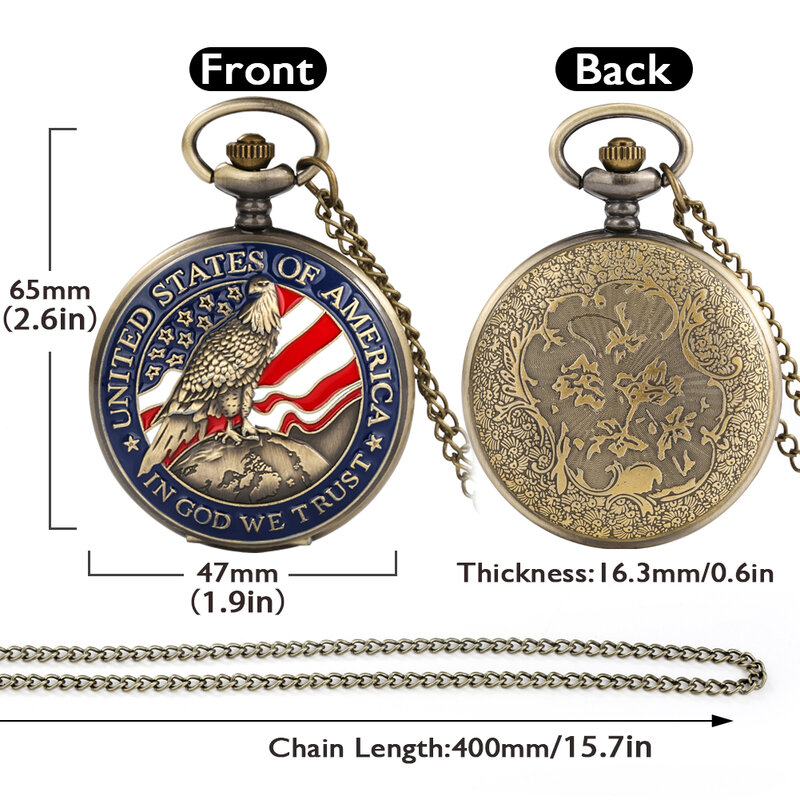 United State Themed Quartz Pocket Watch Vintage Bronze Sweater Chain Souvenir Necklace Pocket Clock Gifts Men Women