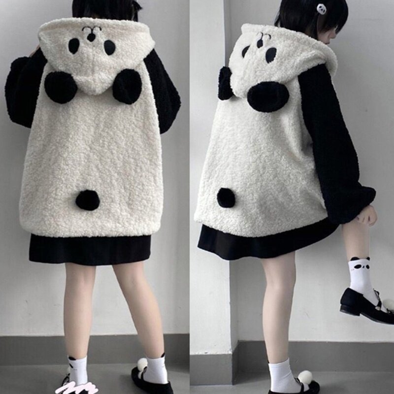 Sweat à capuche en fausse polaire pour veste d'hiver, Harajuku dessin animé oreilles Panda, sweat-shirt à