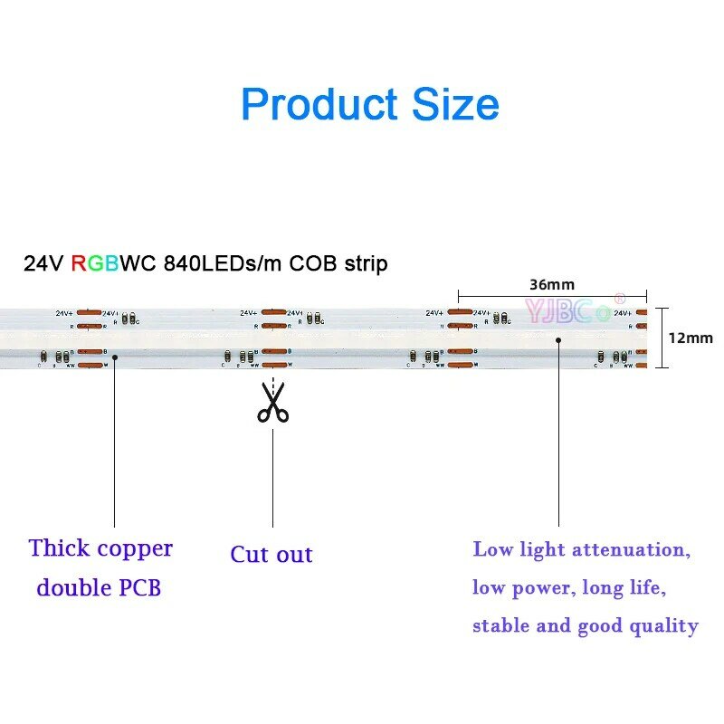5M 5 in 1 RGBCCT COB LED 스트립, RGBWC 24V 840LEDs/m FCOB 분위기, 다채로운 고휘도, 유연한 조명 테이프, 12mm PCB