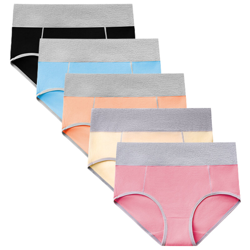 POKARLA 5pcs Women's Cotton Panties Soft Color Matching Underwear Ladies High Waisted Briefs for Girls/Mother  Sports Work Sleep