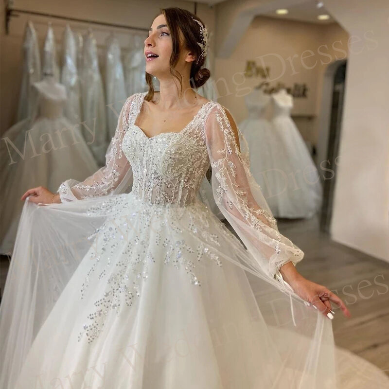 Vintage Exquisite Sweetheart Wedding Dresses A Line Lace Appliques Bride Gowns Long Sleeve Illusion Tulle For Women Formal Party