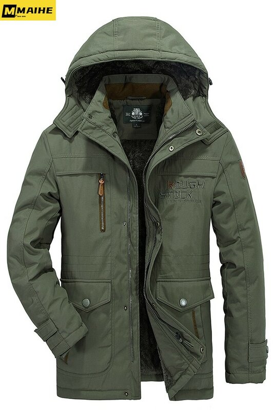 Теплая зимняя мужская куртка 2023, мужская зеленая теплая парка с хлопковой подкладкой, пальто, Повседневная флисовая длинная мужская куртка с капюшоном и искусственным мехом, ветровка