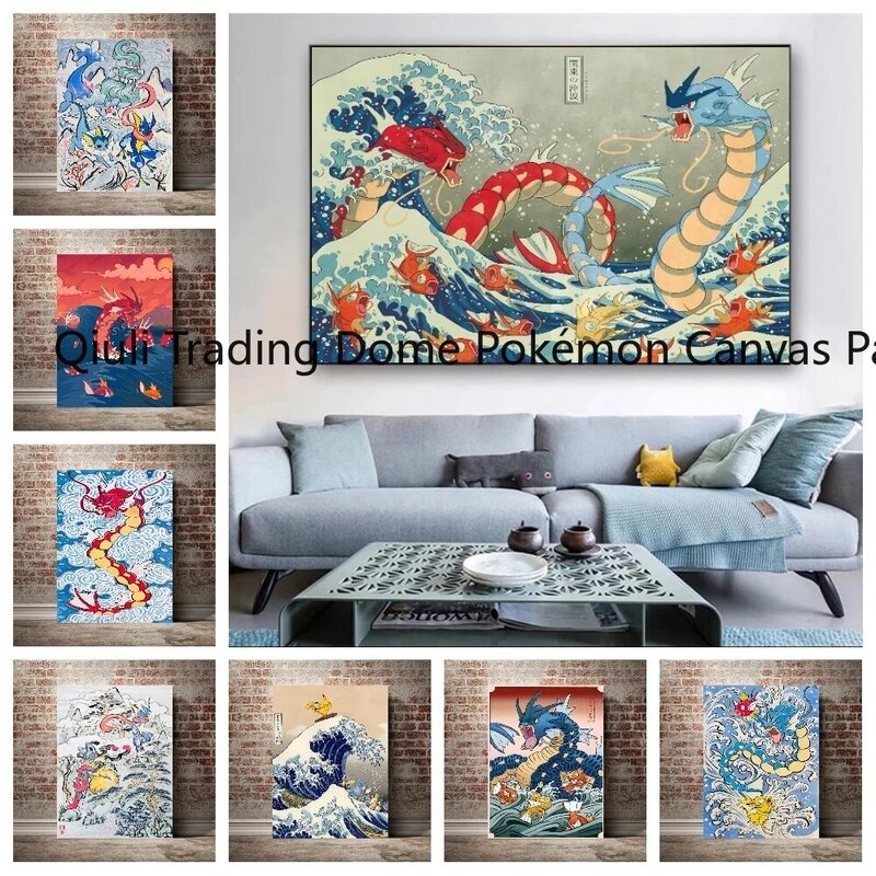 Póster de Gyarados ukiyo-e Kobe River Surfing Starry Night, elfos, Pokémon, Anime, pintura en lienzo, decoración moderna para habitación, imágenes, regalo