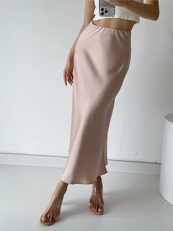 Trompete vintage de cintura alta feminino saia midi, saias de cetim preto, moda Harajuku, roupas vintage dos anos 90, rosa