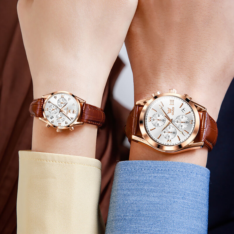 OLEVS-Relógio de casal impermeável para homens e mulheres, pulseira de couro, cronógrafo, presentes para amantes