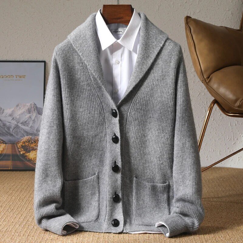 Autumn and winter new 100% pure cashmere knit cardigan men's anti-collar solid color padded sweater with business and leisure co