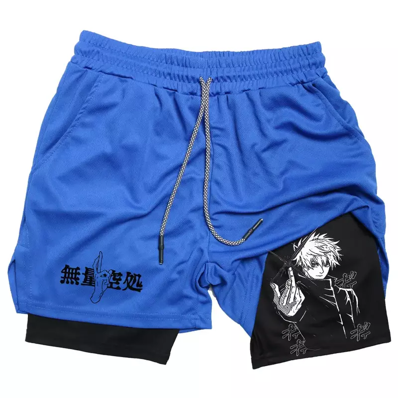 Jujutsu Kaisen pantalones cortos de gimnasio para hombre, ropa deportiva de doble cubierta, pantalones cortos de rendimiento deportivo, Fitness, entrenamiento, culturismo