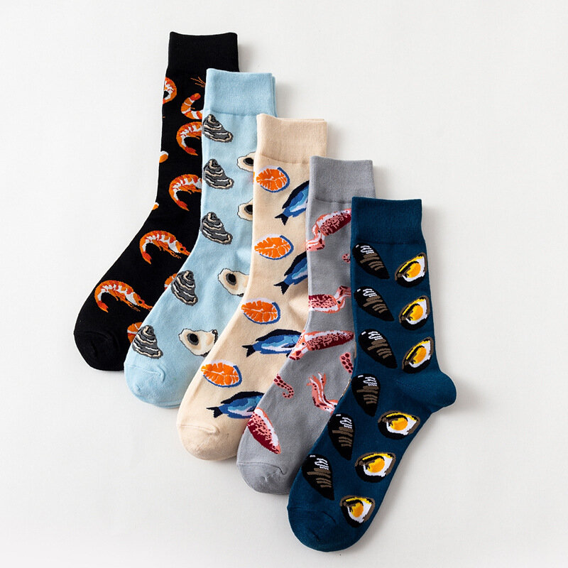 5 Pairs/Pack Funny Harajuku Men Socks Combed Cotton Seafood Series Salmon Squid Oysters Street Novelty Crew Gift Socks