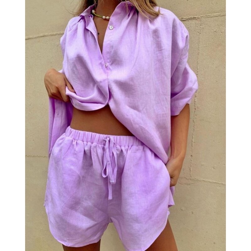 2023 Summer Solid Two-Pieces New in Shorts Sets Outfits Women Half Sleeve Buttoned Top & Shirring Shorts Set Casual Clothing