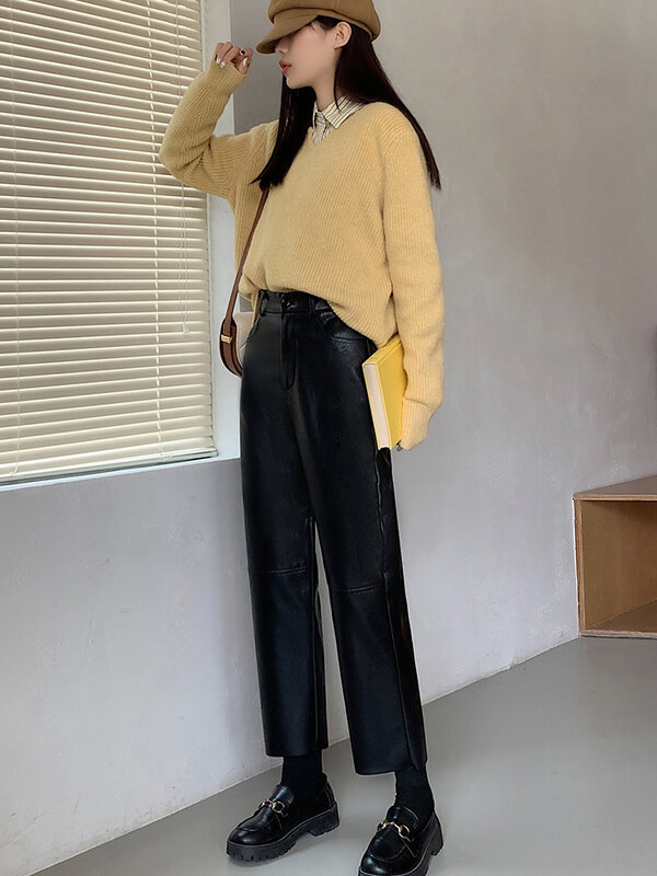 Black PU Leather Pants Women 2022 Autumn Winter New High Waist Drape Cropped Trousers Casual Straight Suit Pants