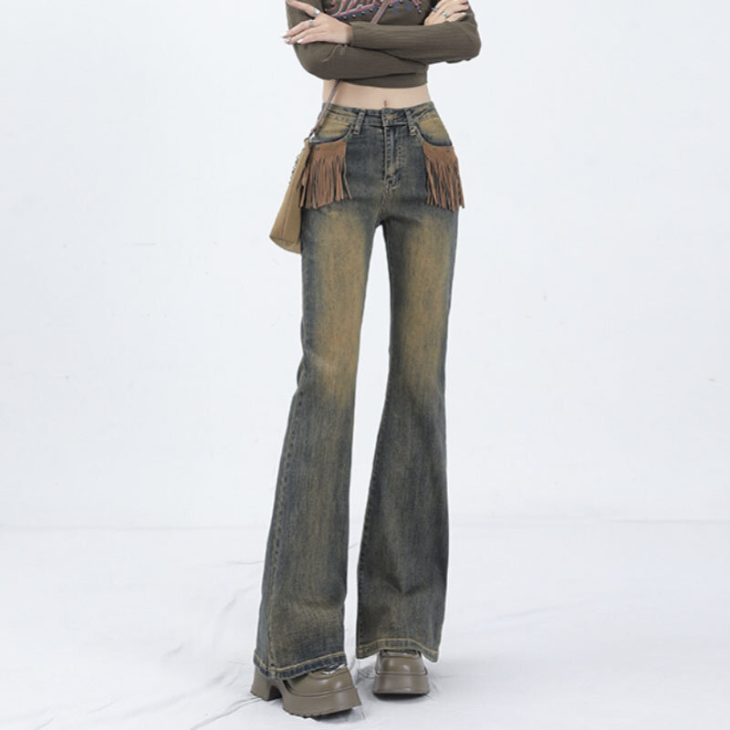 Vintage Streetwear Jeans wanita, Jeans longgar desain pinggiran lurus kaki trendi semua cocok 2023