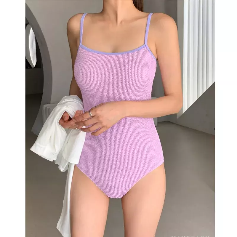 Korean Style One-piece Swimsuits for Women Swimwear Bodysuits Green Purple Girl Beach Bathing Suits
