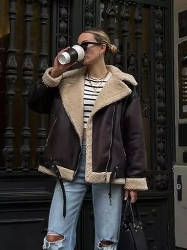 Suninheart Fashion Faux Fur Jacket with Zipper Women Long Sleeve Double-sided Jackets Warm Coat Female Casual Lapel cold coat