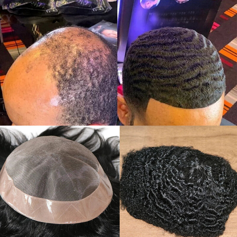 Wig pria tenun keriting Afro 8mm 15mm rambut manusia hitam 20mm 10mm pengganti prostesis kapiler Mono awet Super