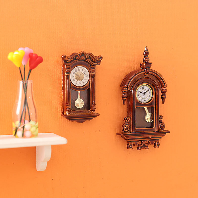 Reloj de pared en miniatura para casa de muñecas, accesorios de decoración del hogar, juguete de muebles de juego de simulación, Europeo, Vintage, 1:12
