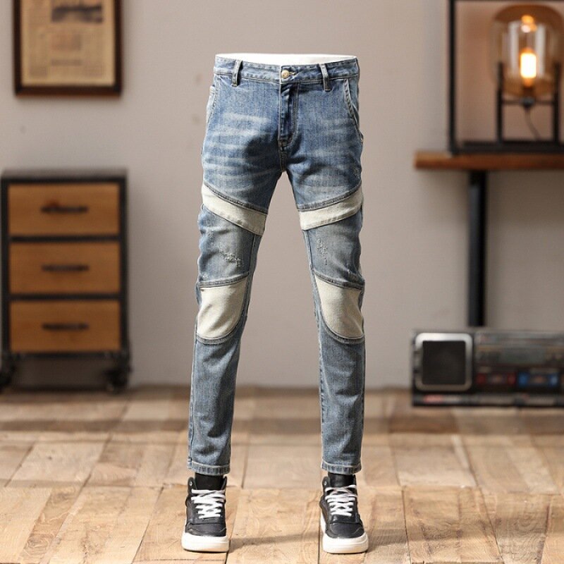 Homens high-end costura slim fit jeans skinny, calças de motocicleta, design personalizado, na moda, retro, rua, 2024