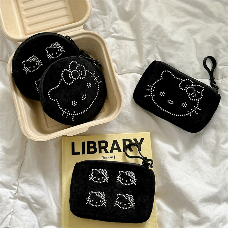 Mini porte-monnaie diamant Kawaii Hello Kitty pour femme, chat noir en peluche de dessin animé, sauna, téléphone, rouge à lèvres, sac de rangement, portefeuille, cadeau d'anniversaire