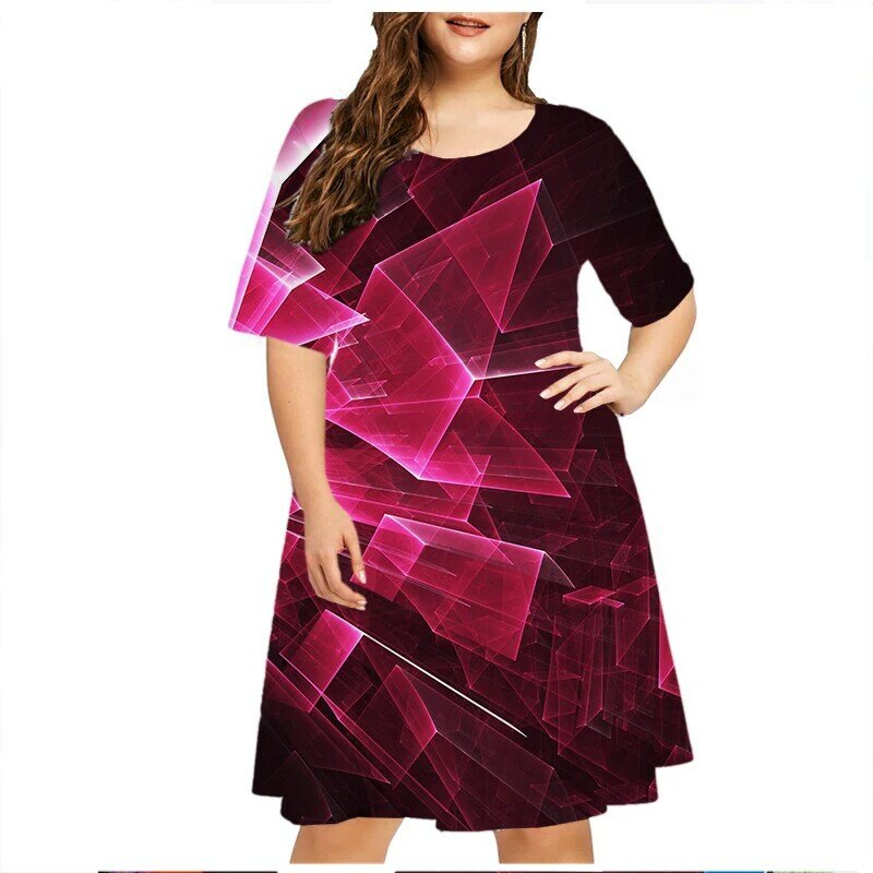 Neue abstrakte Farbverlauf Geometrie Kleider für Frauen plus Größe Kleidung Sommer Mode Street Hipster Kurzarm A-Linie Kleid