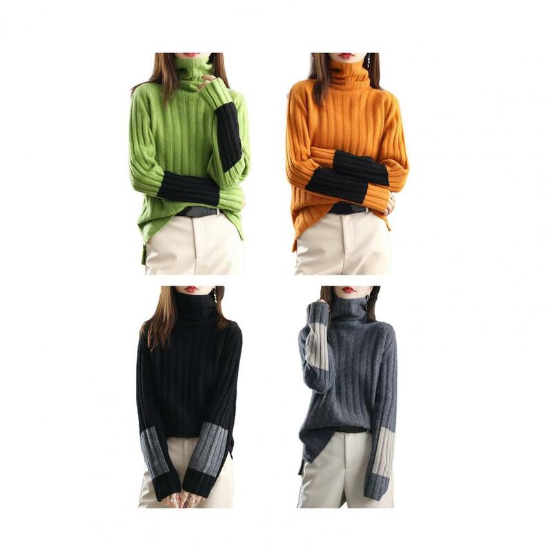 Sweater wanita, Sweater perempuan elastis lembut longgar, PAS, Sweater Turtleneck nyaman dengan pelindung leher warna hangat, Pullover rajut untuk wanita