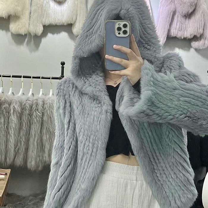Autunno inverno donna vera pelliccia di coniglio 100% giacca di pelliccia naturale sciolto tessuto manuale qualità Streetwear maniche svasate con cappuccio nuovo