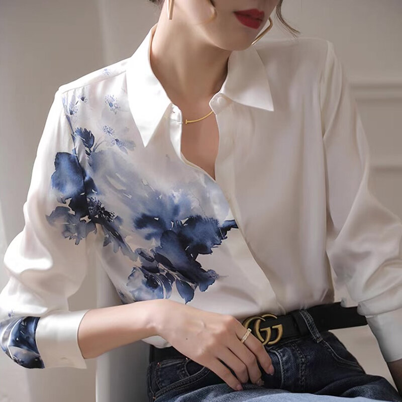 Printed Elegant Chiffon Blouse Women Tops Long Sleeve Vintage Satin Blouses Women Fashion Autumn Casual Loose Silk Shirt 21808