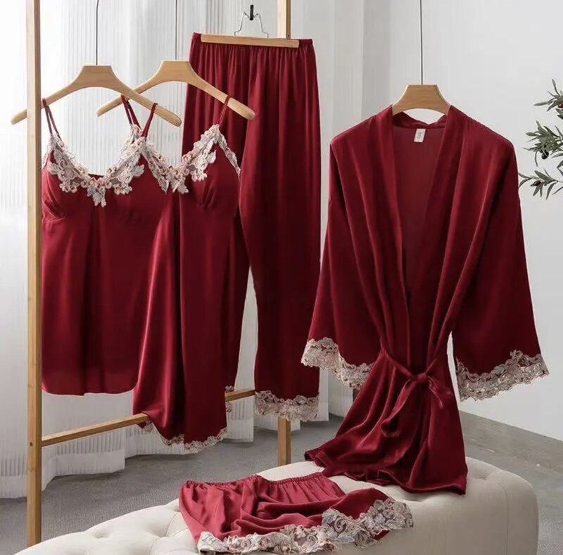 Пижама женская весенне-летняя, пикантный комплект из пяти предметов, толстая юбка телесного цвета с накладками на груди, для улицы, домашняя одежда