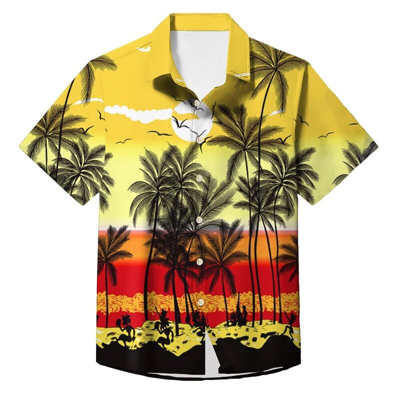 メンズ3DプリントハワイアンTシャツ,ココナッツパームグラフィック,ボタン,半袖,ラペル,ストリートウェア,サマーファッション