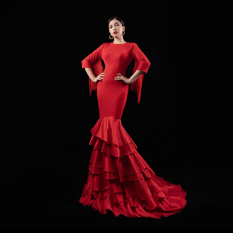 New Evening Dress Tassel Design Host Custom Banquet Red Dress Slim Fit Wedding Ceremonial Dress Elegant Hip Wrap Skirt H44