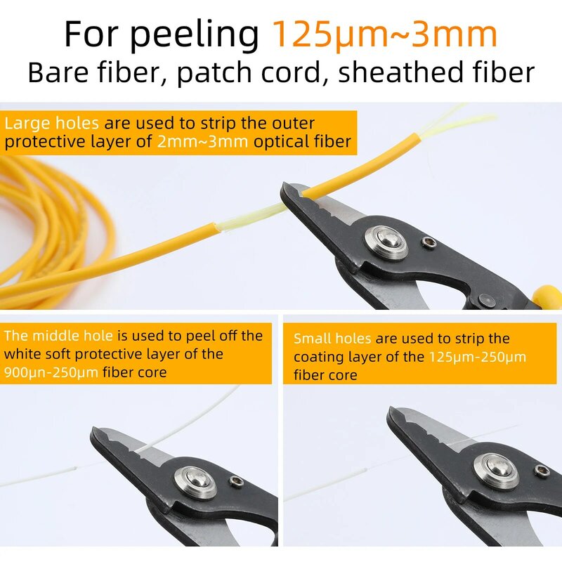 Alicates de pelado de fibra de tres puertos FTTH, herramienta de pelado de cable óptico