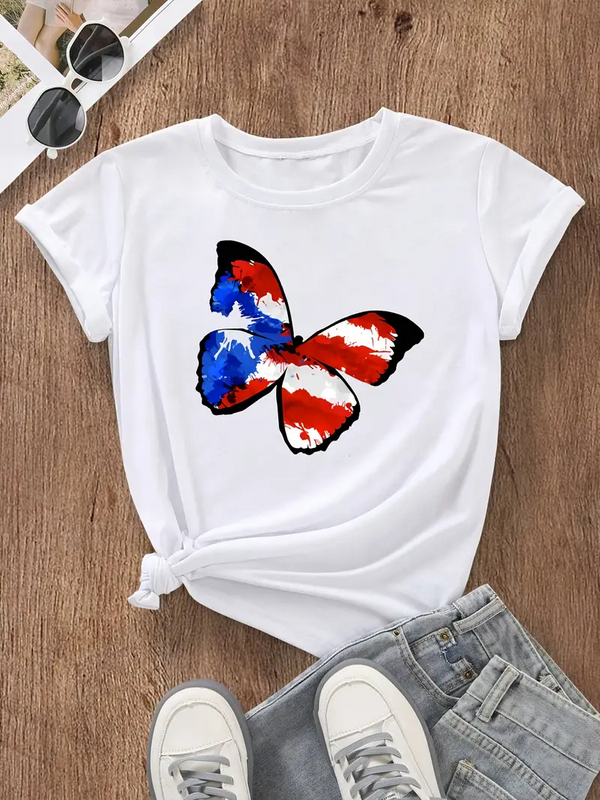 Koszulka damska z motylem i modą na lato t-shirt z krótkim rękawem top z nadrukiem O kołnierzyk luźna koszulka odzież damska