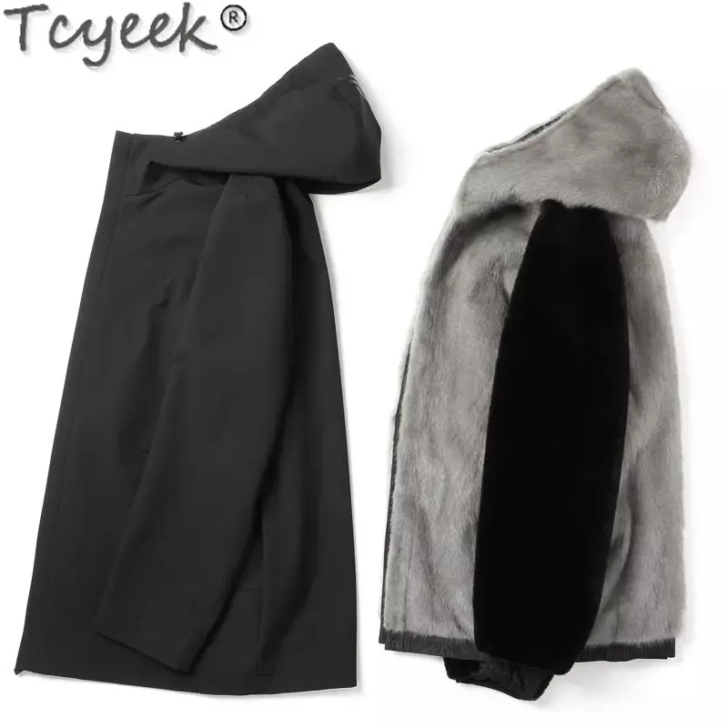 Tcyeek-Parka de piel de visón Natural para hombre, forro de piel de visón Natural, abrigo delgado de longitud media, ropa informal con capucha para hombre