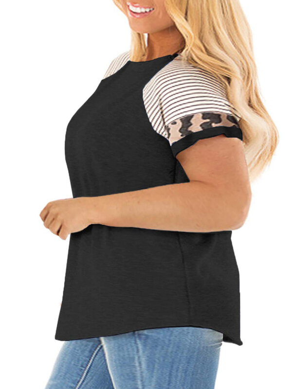 여성 플러스 사이즈 라글란 반팔 스트라이프 티셔츠, 2023 년 여름 라운드 넥 루즈핏 레오파드 프린트 캐주얼 티 탑