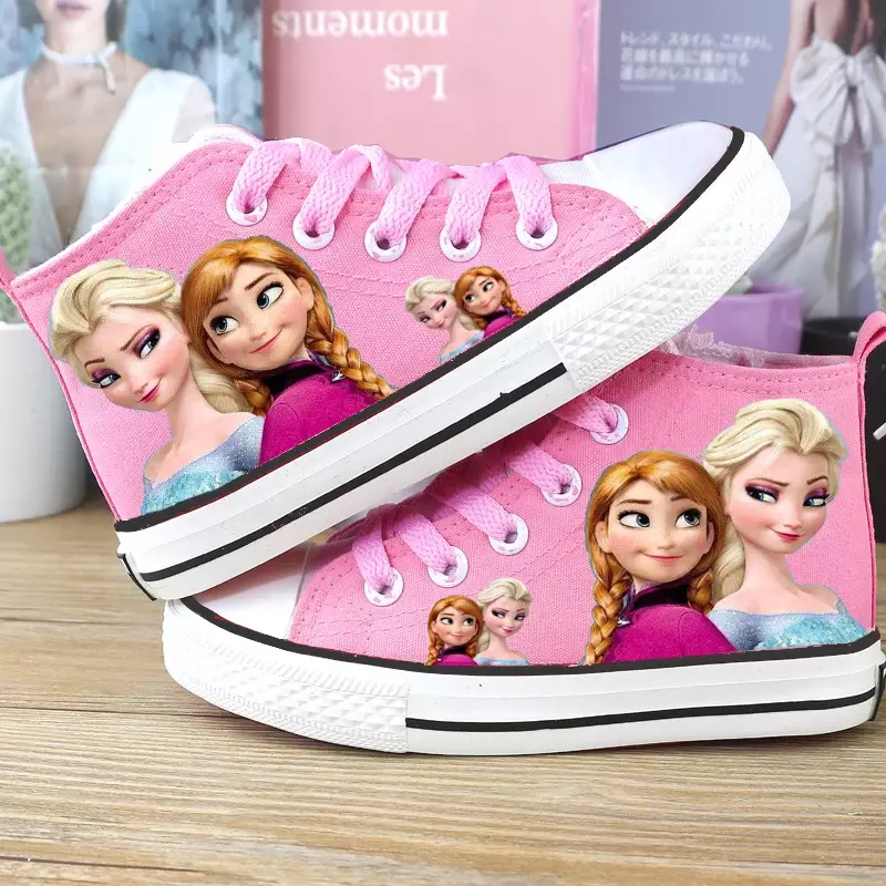디즈니 만화 소녀 공주 엘사 신발, 하이탑 어린이 캔버스 신발, 냉동 스니커즈, 학생 미끄럼 방지 및 경량 신발