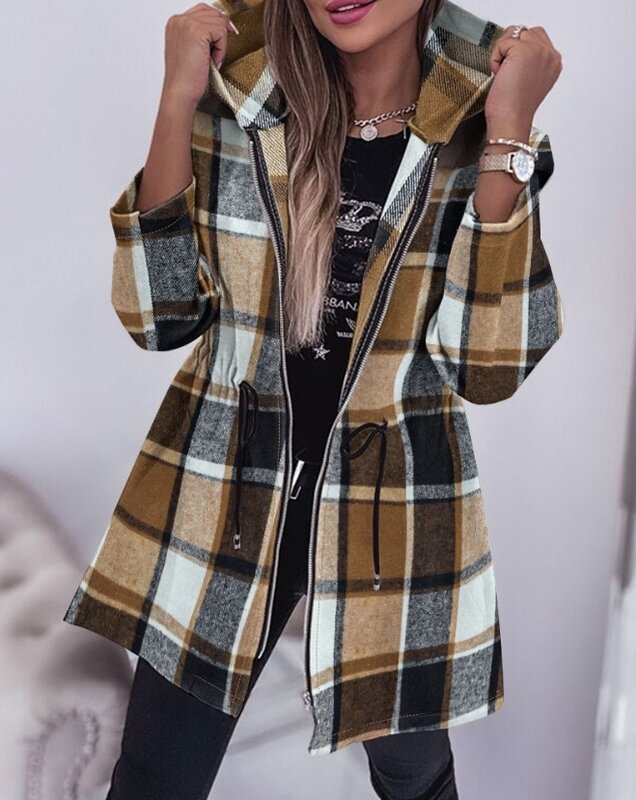 Женская Повседневная куртка на молнии, длинное пальто с капюшоном и длинным рукавом, на завязках, в клетку, Осень-зима