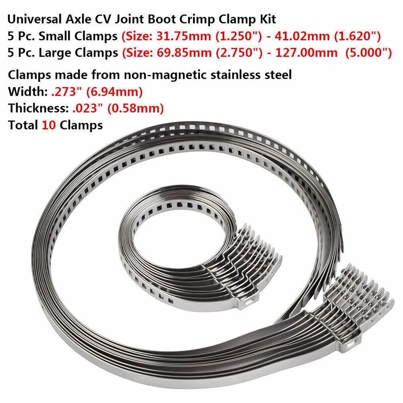 Eixo CV Joint Boot Crimp Clamp Kit, Driveshaft CV Boot Clamp, Aço Inoxidável Universal Ajustável, 31- 41mm, 70- 127mm, 10Pcs