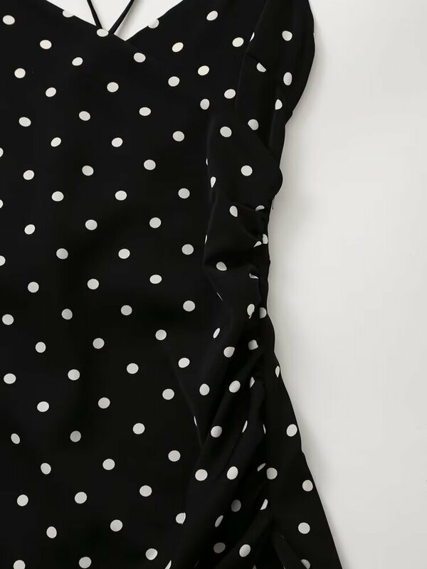 Vestido feminino fino de bolinhas com estampa Split Midi, decoração plissada, retrô, sem mangas, alças finas, nova moda