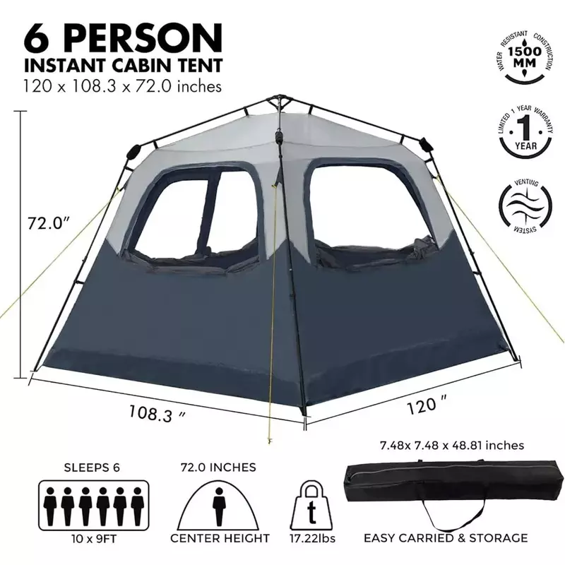 6 Person Instant Family Cabin Tent, Water Resistant, Easy Set Up - Navy/Gray Freight free