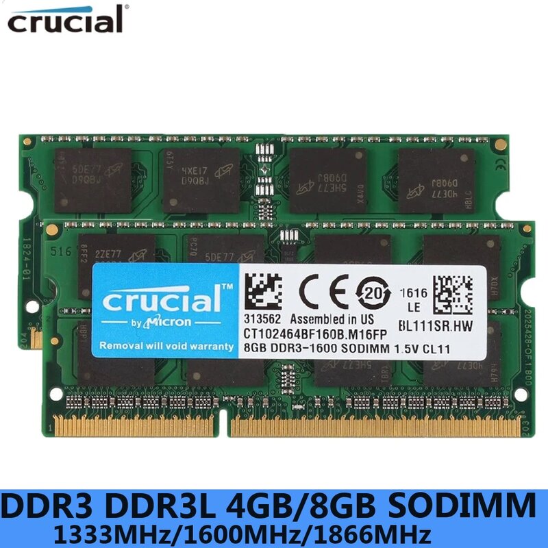 Crucial Laptop RAM SO DIMM DDR3 DDR3L 8GB 4GB 1333MHZ 1066MHz 1600 SODIMM 8 GB 12800S 204Pin 1.5V 1.35V for Notebook Memory