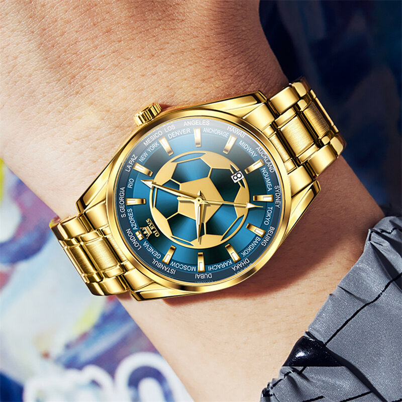 Zegarek piłkarski zegarek kwarcowy OLEVS mężczyzn luksusowa słynna zegarki wodoodporne sportowa obudowa stalowo-złoty Relogio Masculino
