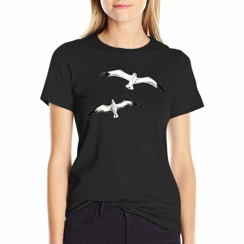 T-shirt manga curta com gaivotas, tops engraçados de verão para mulheres