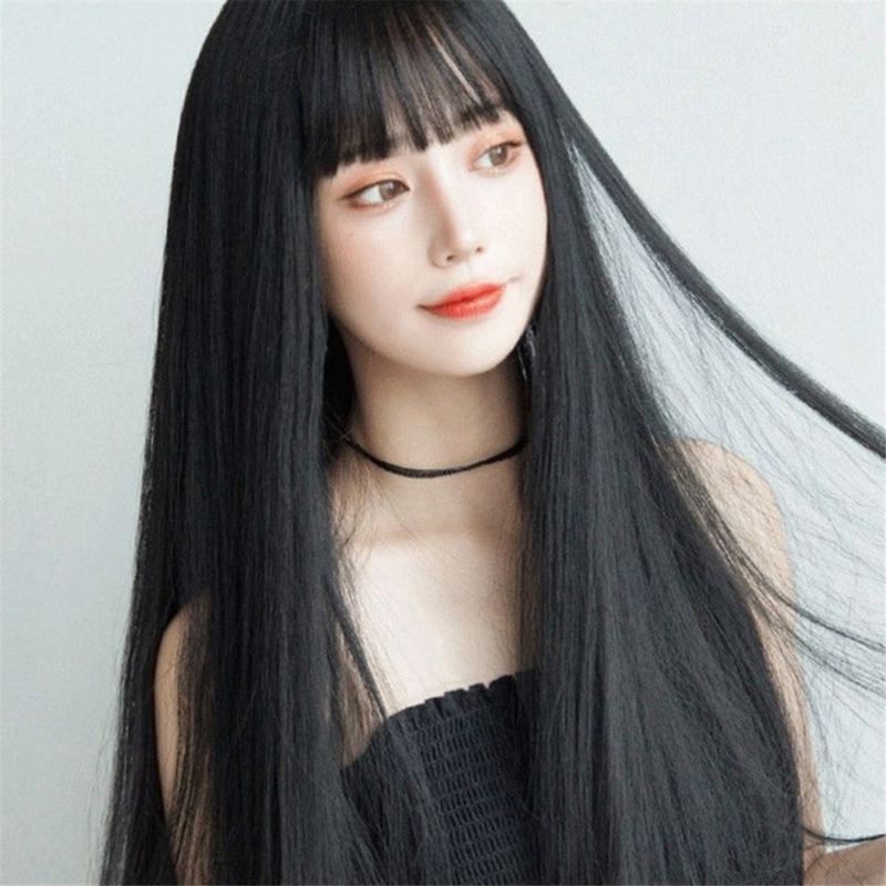 Peluca Bob Bobo con flequillo para mujer, peluca larga de aspecto Natural, peluca recta para versiones diarias coreanas negras
