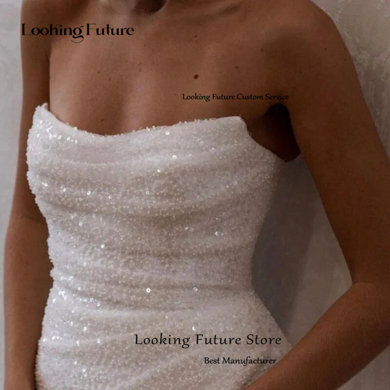 Nowoczesna suknia ślubna z tiulu biała syrenka seksowna bez ramiączek formalna błyszcząca z koralikami plisa z ramienia bez pleców dla nowożeńców 2024