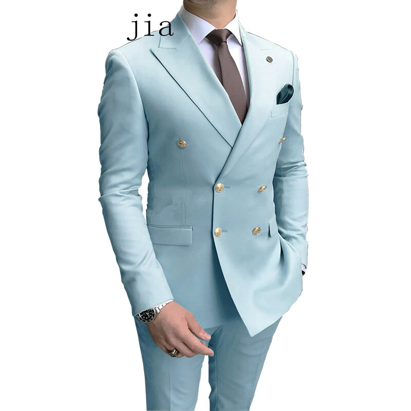 Traje informal azul cielo para hombre, conjunto de chaqueta y pantalones con solapa de pico doble, esmoquin de boda para novio, 2 piezas, 2023