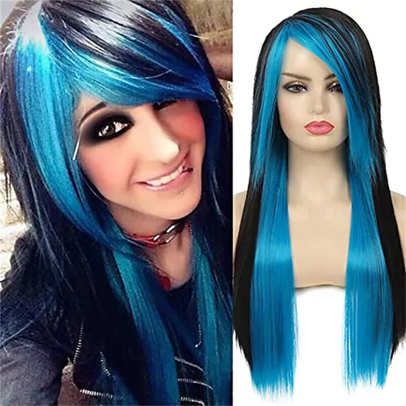 punk hairstyle Wig Long Blue Black Party Wig for Women Silky Straight Synthetic Heat Resistant Side Bangs Hair Wigs