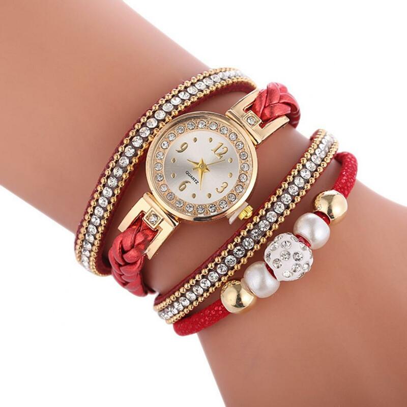 Women Rhinestone Bead Round Dial Snap Button Multi Layer Bracelet Quartz Watch Ladies Dress Watches Gift Luxury