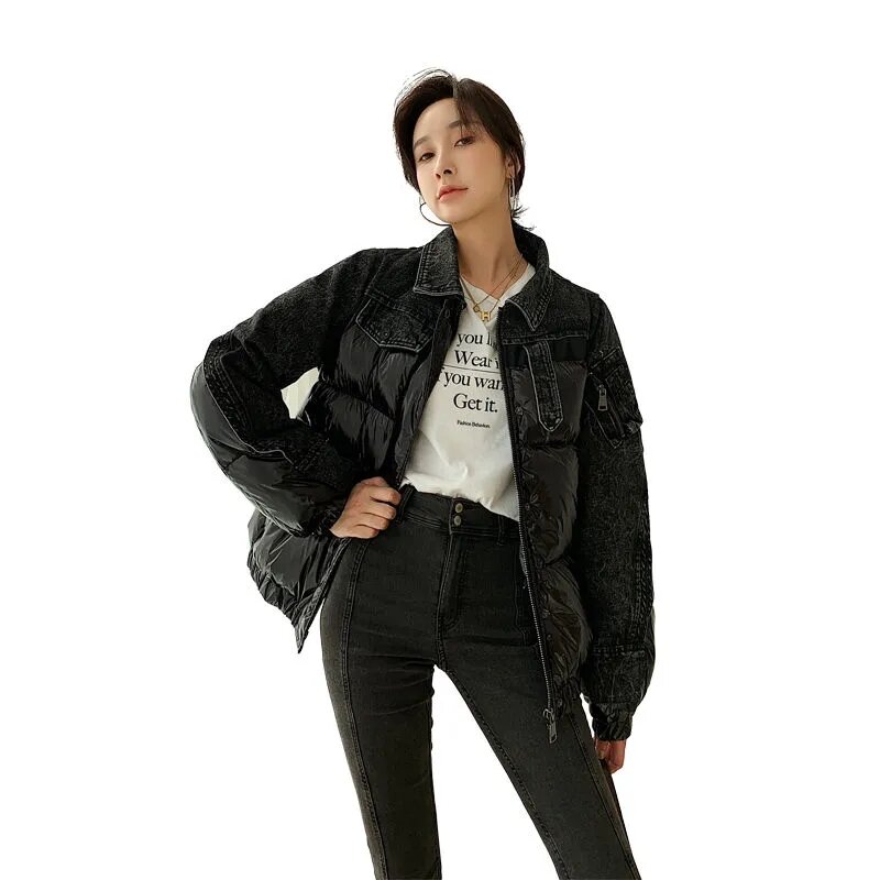 女性の韓国の冬のコート,厚い黒のデニム,パッチワーク,白,アヒルの服,だぶだぶのスタンドカラー,ショートジャケット,2023