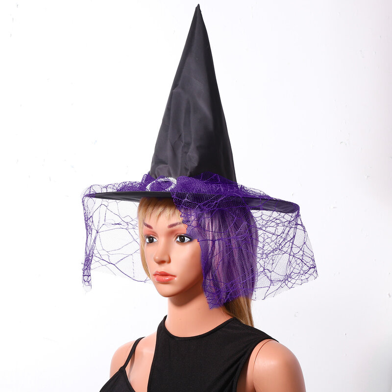Aksesori Kostum Penyihir Halloween Topi Penyihir Jala Berdandan Topi Penyihir Runcing dengan Set/Topi Stoking Bergaris Elastis Secara Terpisah
