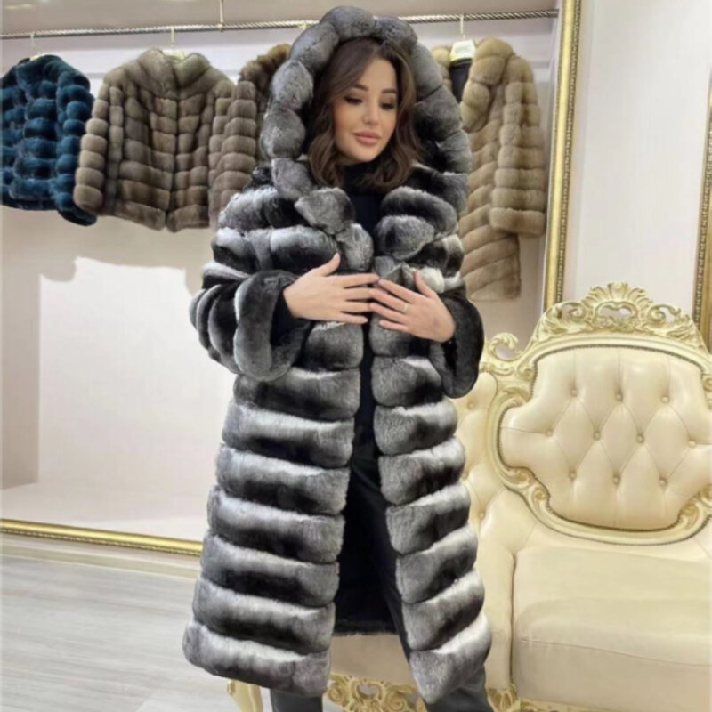 Abrigo largo de piel auténtica de conejo Rex con capucha, chaqueta de lujo, superventas, invierno, 2024