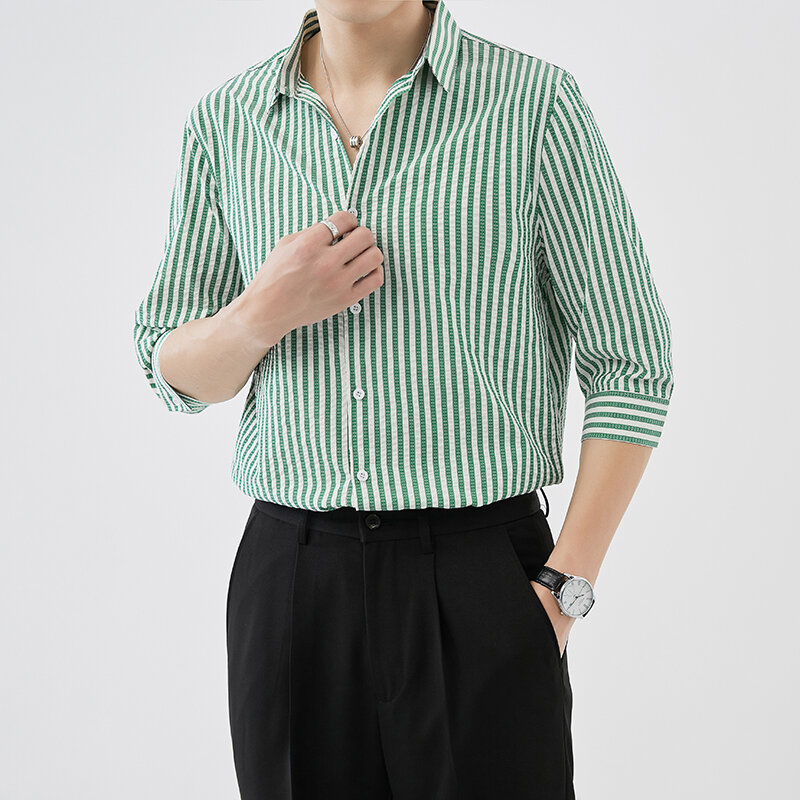 남성용 하이 퀄리티 스트라이프 반팔 셔츠, 슬림핏 라펠, 단색 녹색 셔츠, 3XL-M, 여름