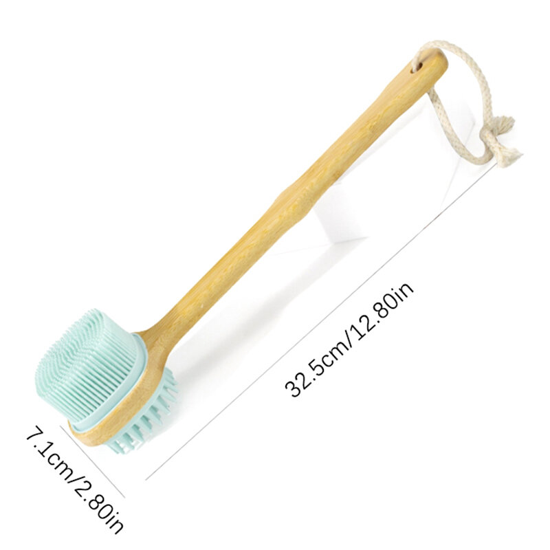 1pc Silicone Brush Head Back Scrubber Shower Brush With Long Wooden Handle Dry Skin Exfoliating Body Massage Cleaning Tool